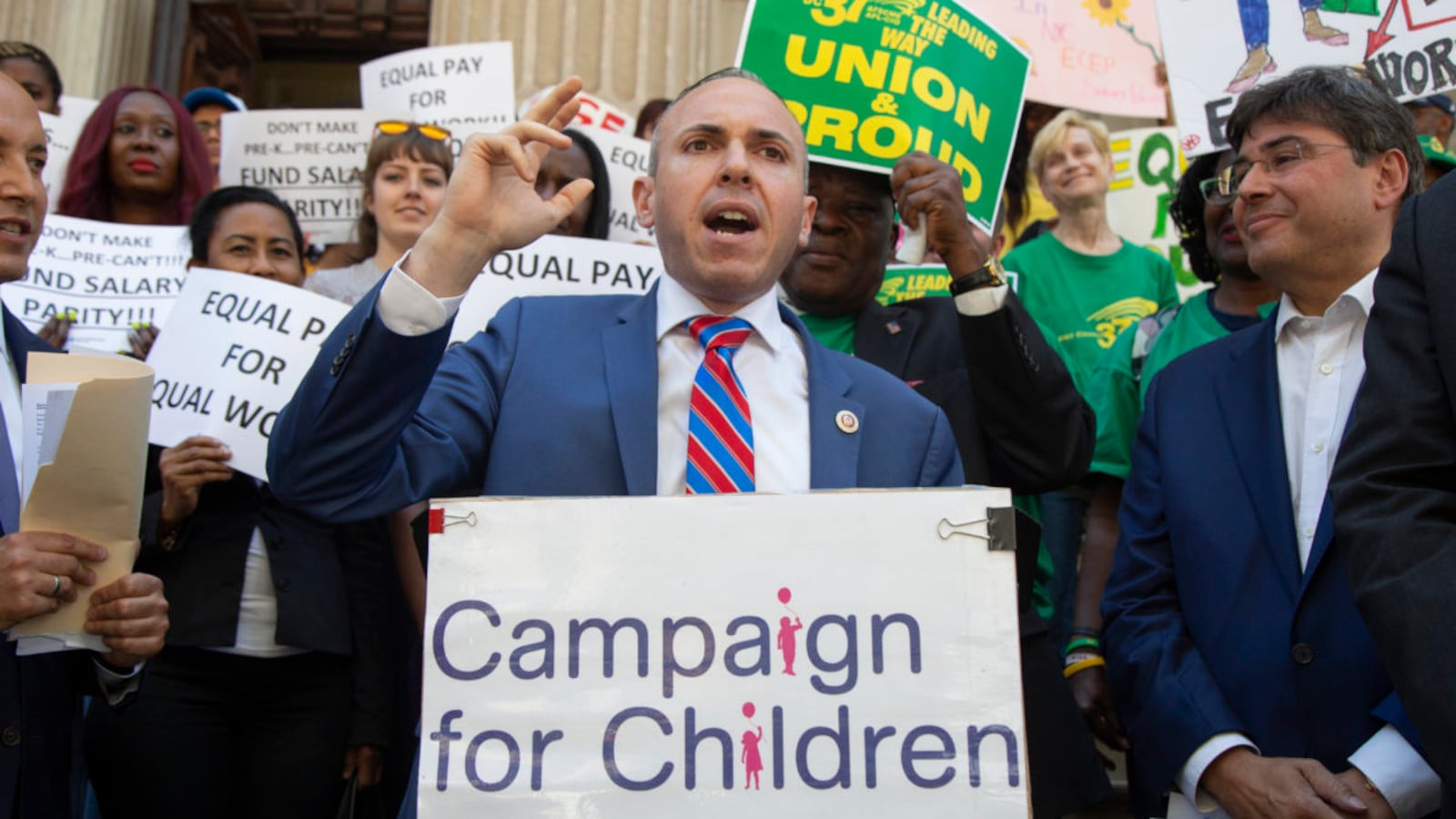 City Councilman Mark Treyger speaks at a rally for pay parity among early child education providers.