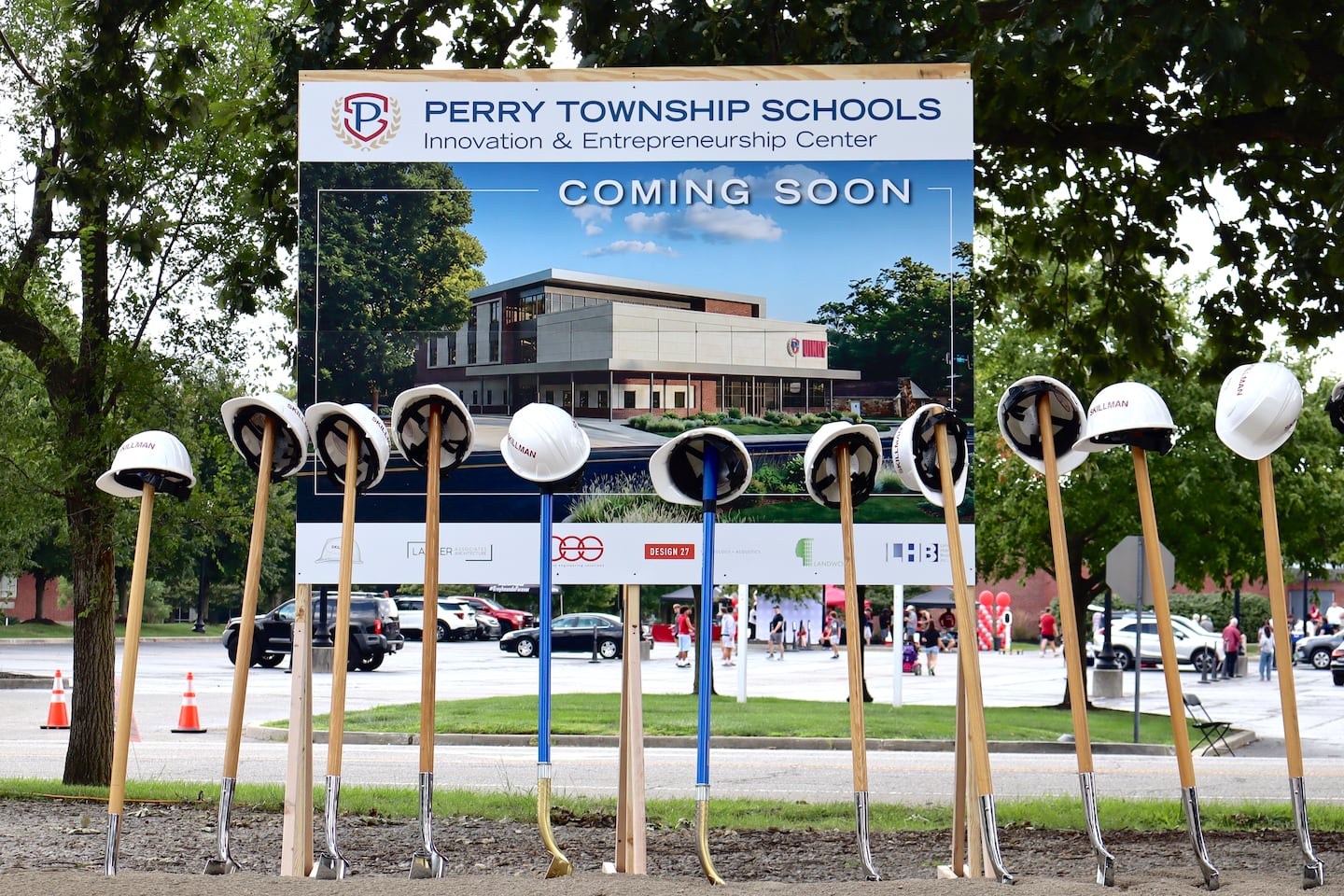 Shovels and hard hats await the groundbreaking for the Metropolitan School District of Perry Township's innovation pathway building on the University of Indianapolis campus on Thursday, Aug. 27, 2026.
