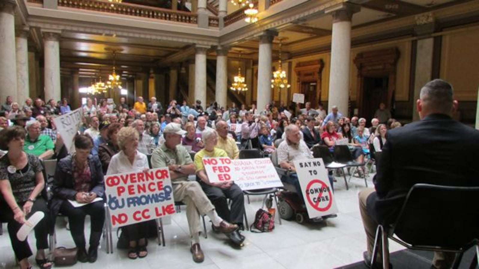 Protesters at an April 21 rally against Indiana's new standards, which were approved by the state board Monday. (Scott Elliott)