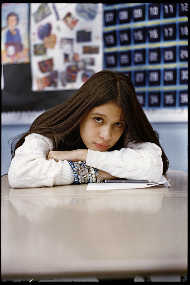 Student Mariely Bueno of Jennifer Alvarez's 9th grade Global History class at the High School for Health Professions and Human Services on Friday, October 11, 2024 in Manhattan, New York.