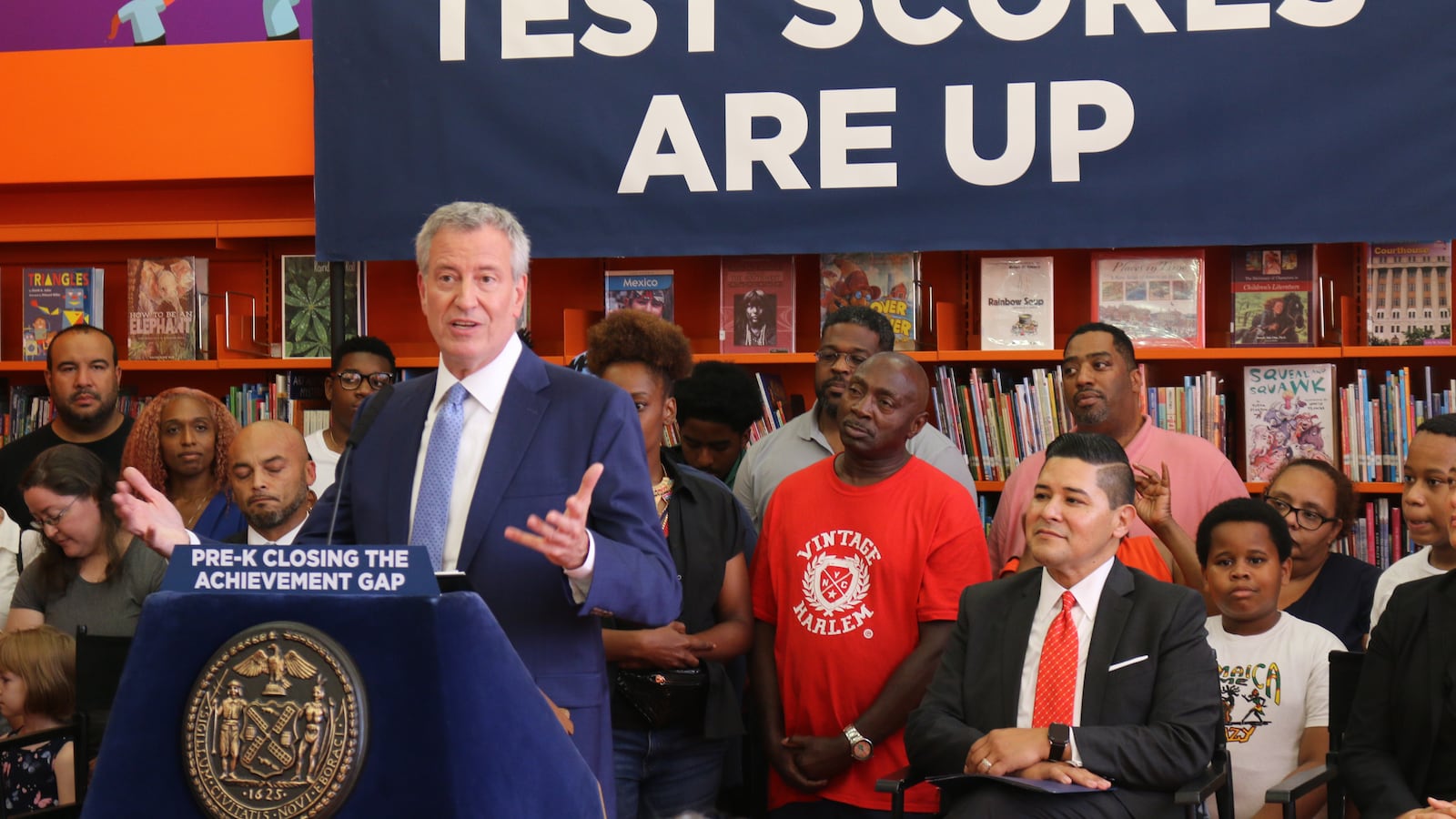 Mayor Bill de Blasio speaks at a press conference about state test scores at P.S. 69 in the Bronx.