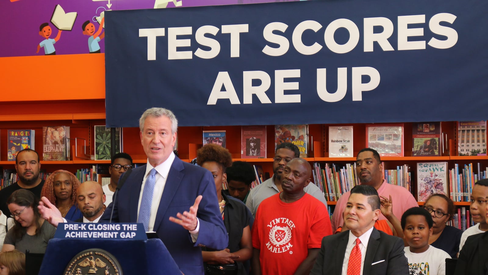 Mayor Bill de Blasio speaks at a press conference about state test scores at P.S. 69 in the Bronx.