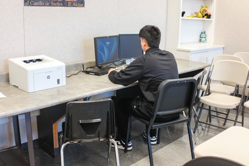 A male student sits at a computer.