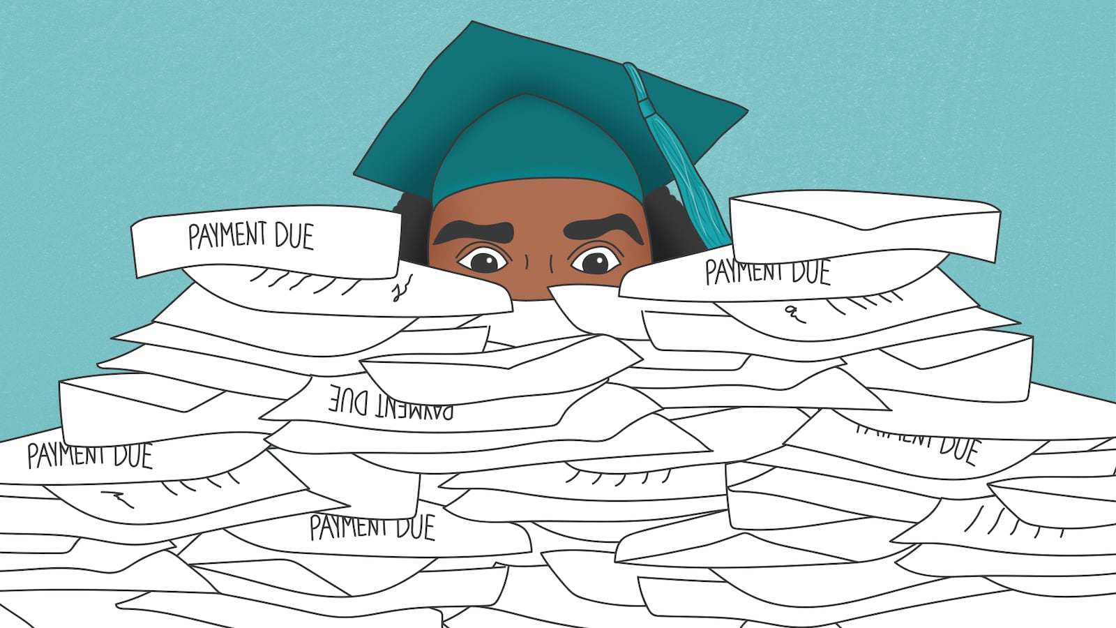 Illustration of a student wearing a graduation cap drowning in an overwhelming pile of bills and envelopes.