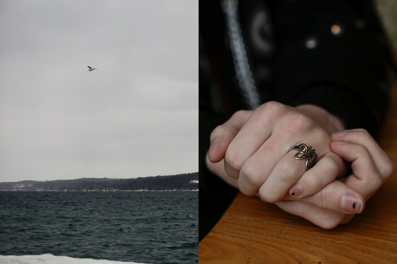 A diptych showing a seagull flying over a body of water in the winter, left, and a close up of a teenager's hands folded over and resting on a table with a butterfly ring.