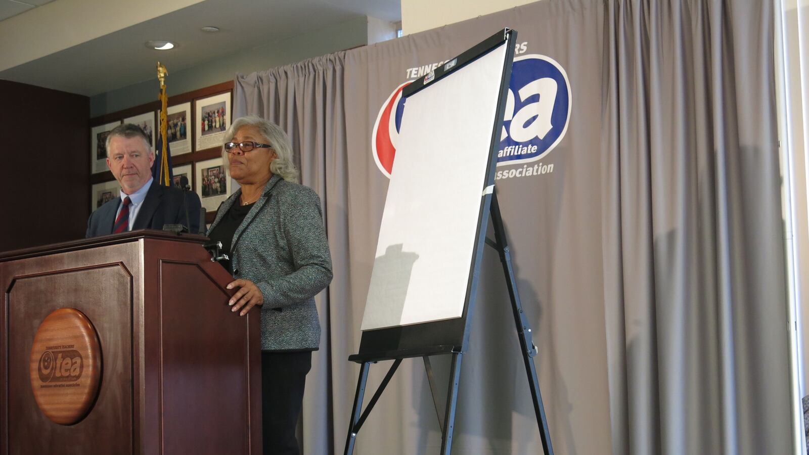 Tennessee Education Association attorney Rick Colbert and president Barbara Gray announce a lawsuit filed Thursday in Nashville over the state's measurement tool for evaluating teacher performance and awarding bonuses.