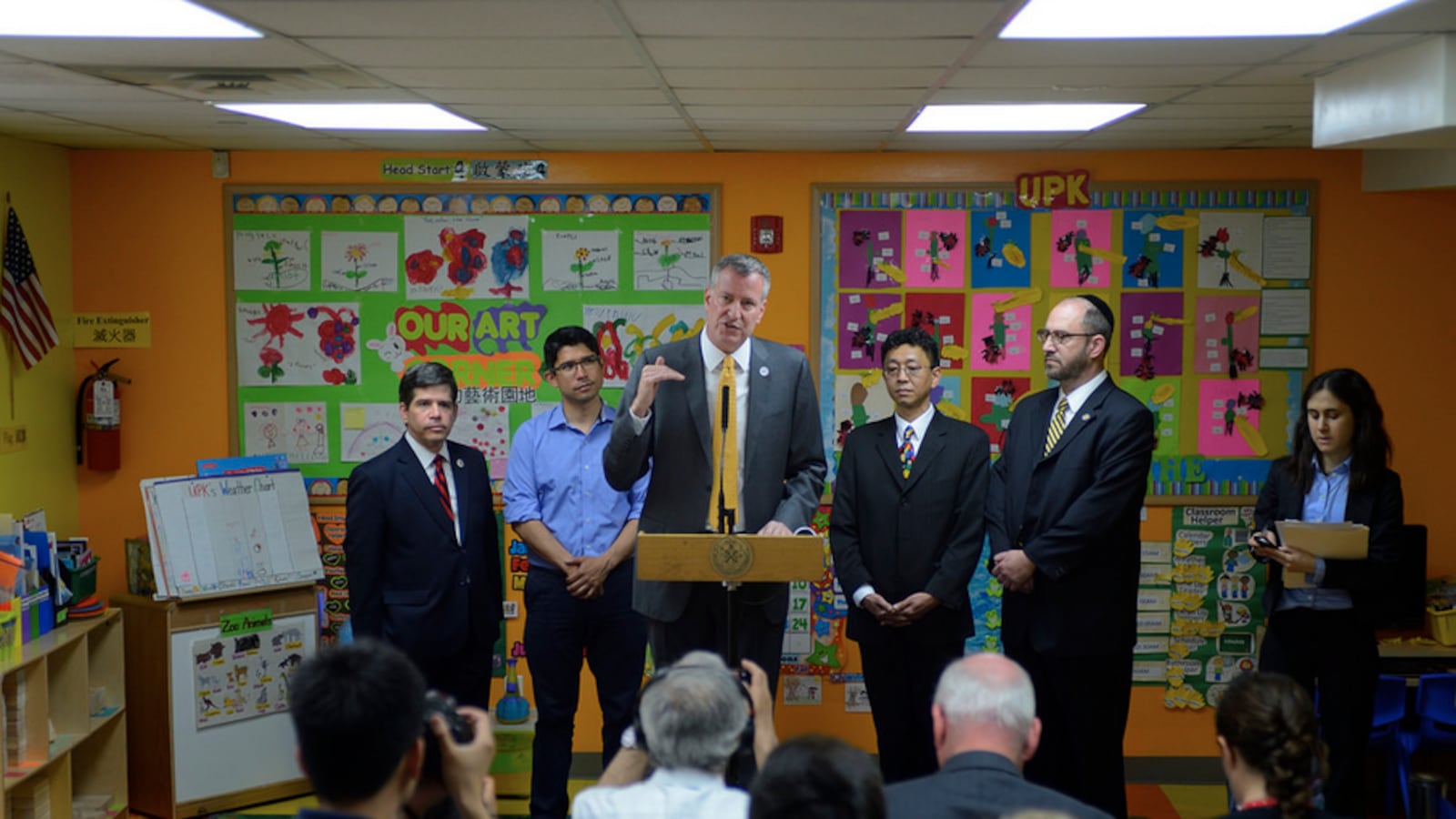 Mayor Bill de Blasio speaking at a pre-K center in Brooklyn.