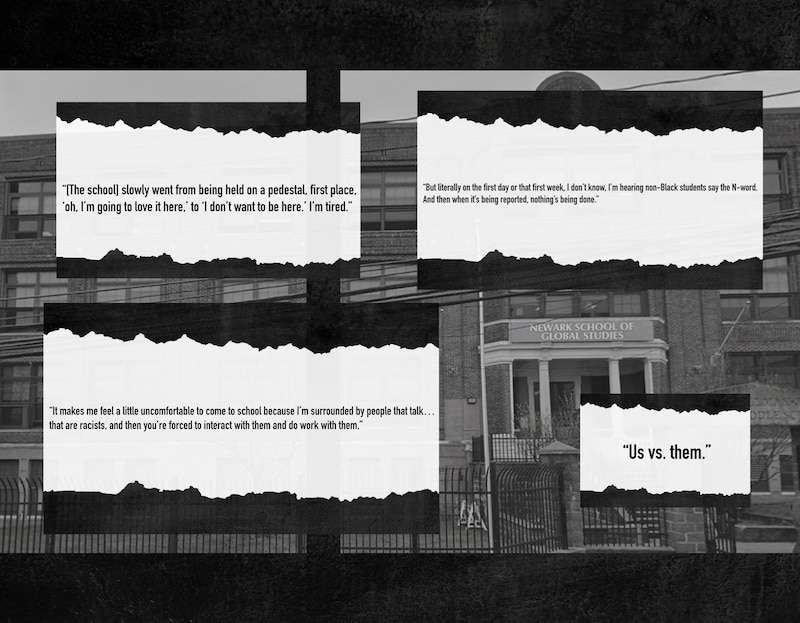 Four white and black text blocks on top of a photo of a school and a black chalkboard backgroud.