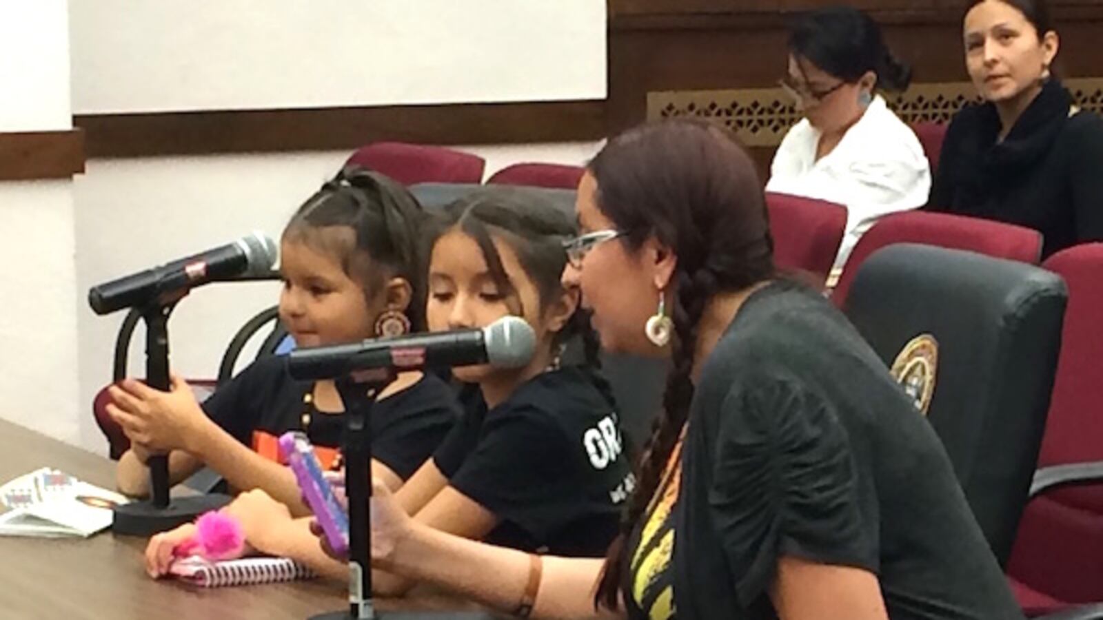 Monique Lefthandbull (right) and daughters Lacey (center) and Lucille testified for the American Indian mascots bill.