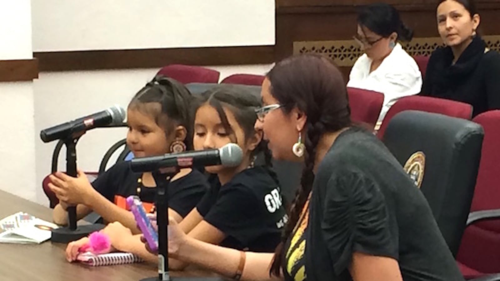 Monique Lefthandbull (right) and daughters Lacey (center) and Lucille testified for the American Indian mascots bill.