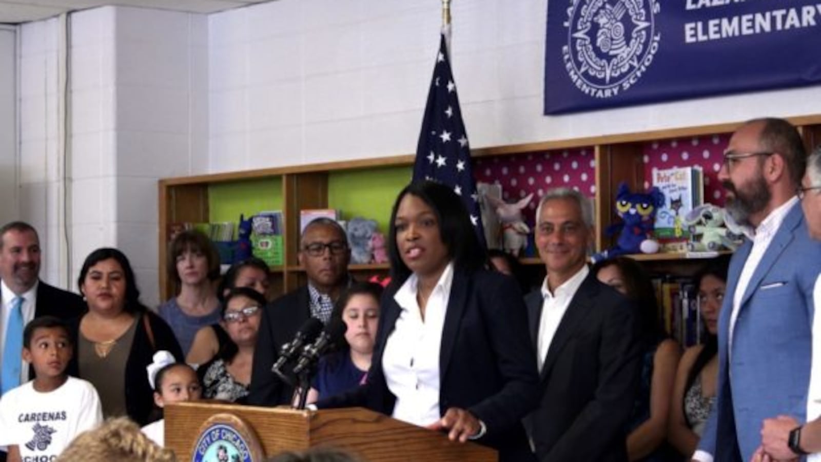 Chicago Public Schools CEO Janice Jackson and Mayor Rahm Emanuel announced the district's $1 billion capital plan at Lázaro Cardenas Elementary School in Little Village in July.