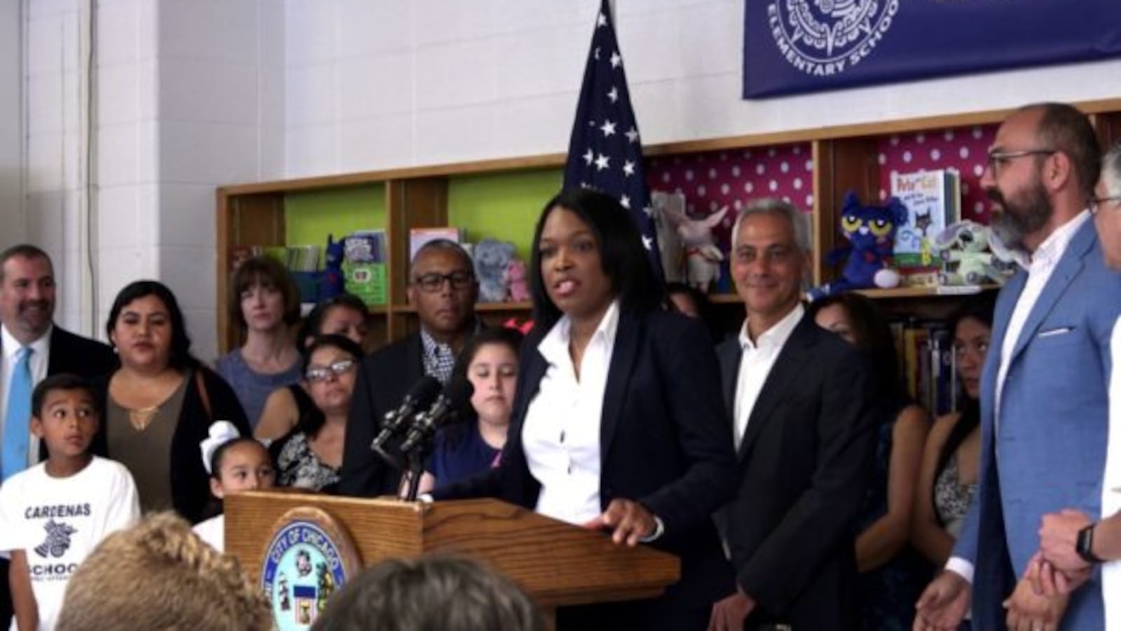 Chicago Public Schools CEO Janice Jackson and Mayor Rahm Emanuel announced the district's $1 billion capital plan at Lázaro Cardenas Elementary School in Little Village in July.