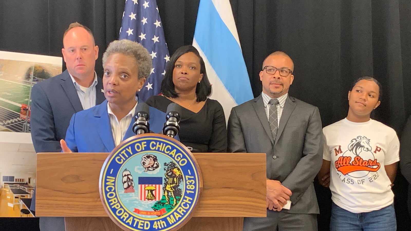 Lori Lightfoot speaks Aug. 8, 2019, at a press conference at Morgan Park High School. She and schools chief Janice Jackson unveiled the 2019-2020 budget for the district.