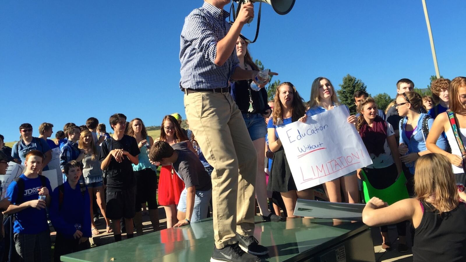 Chatfield High School junior Scott Romano lead a protest of students from his school and Dakota Ridge in Littleton. Jeffco students have been rallying against a proposed curriculum committee for four school days.