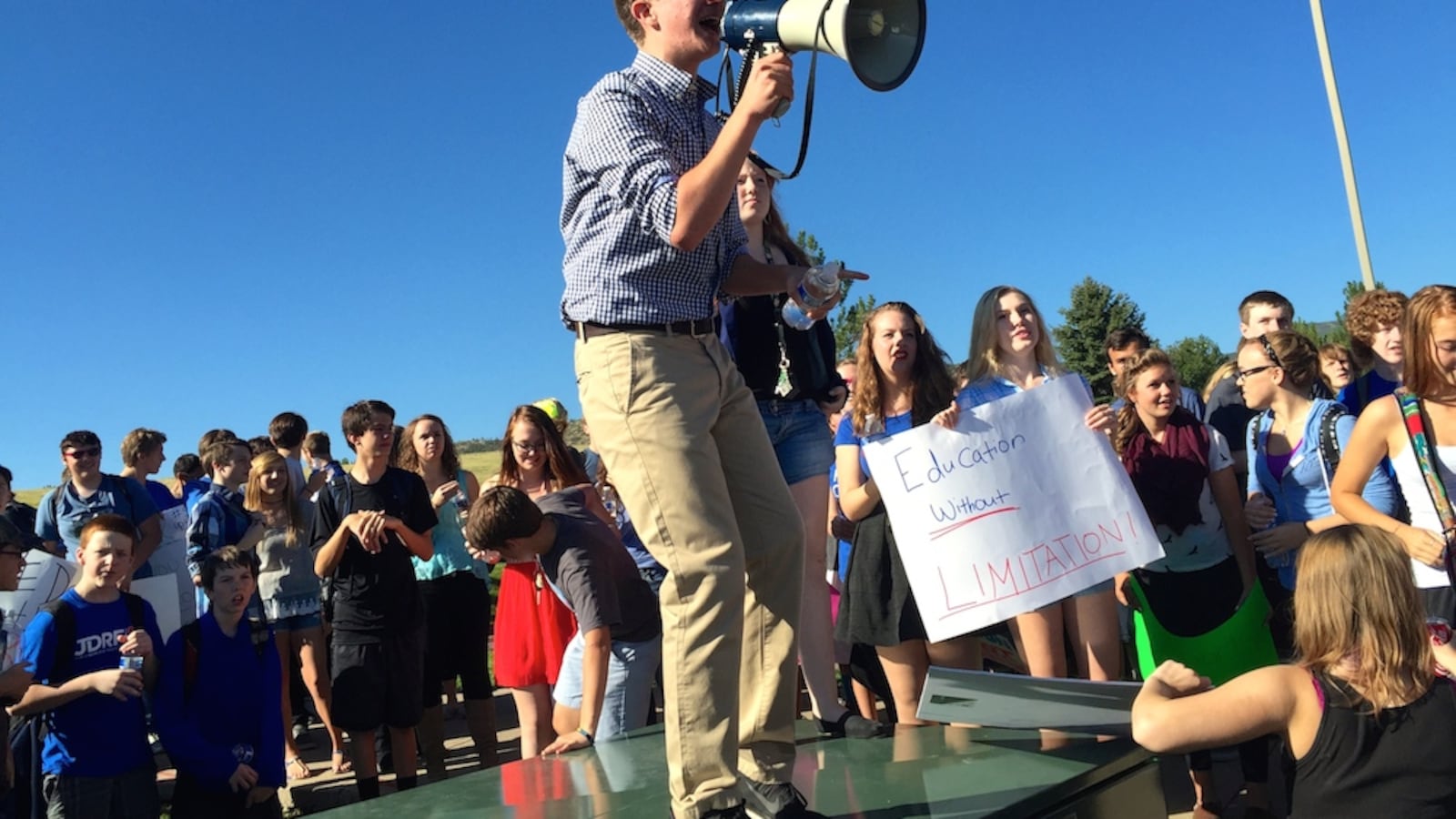 Chatfield High School junior Scott Romano lead a protest of students from his school and Dakota Ridge in Littleton. Jeffco students have been rallying against a proposed curriculum committee for four school days.