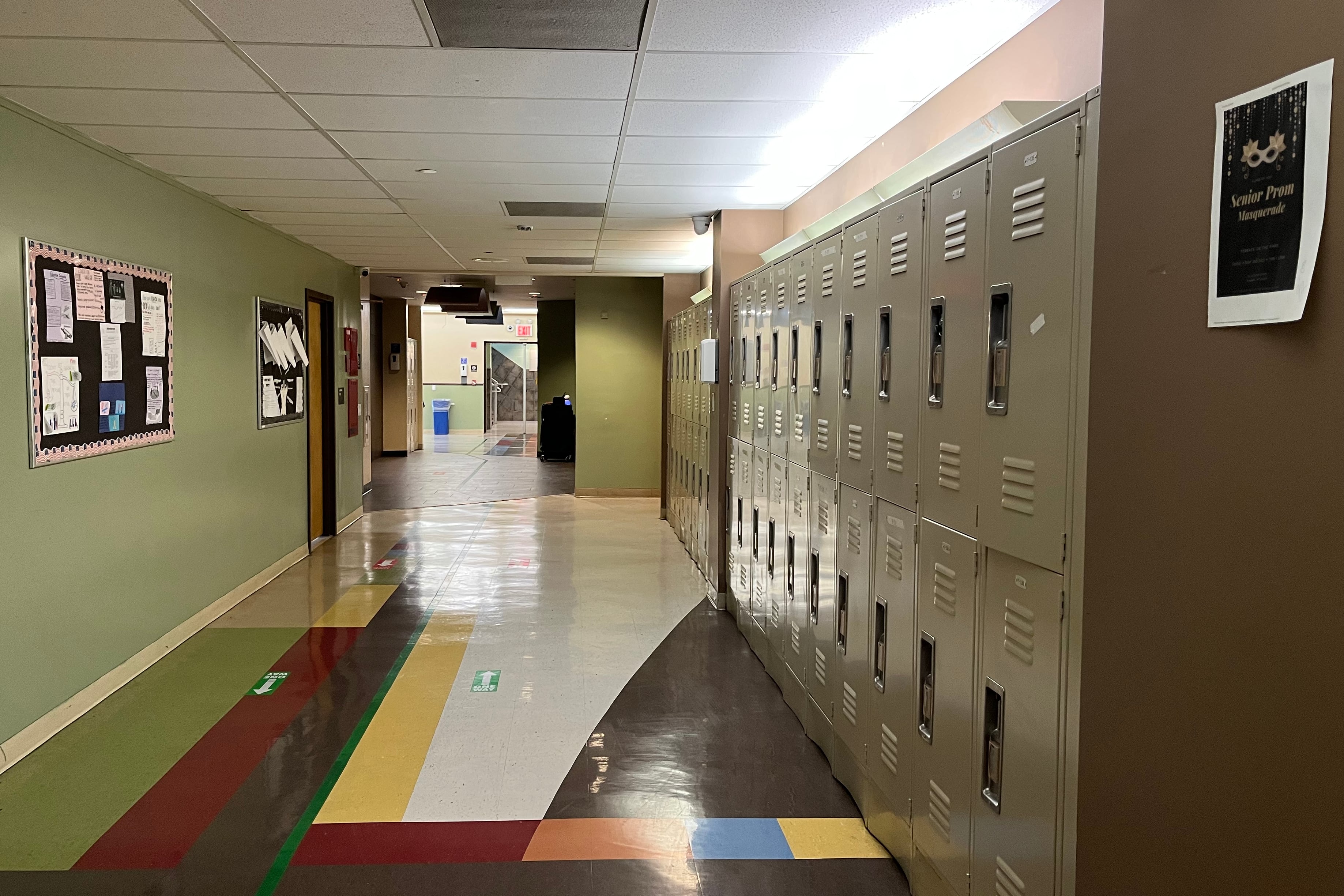 An empty school hallway.