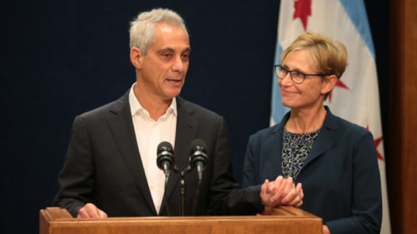 With wife Amy Rule by his side, Chicago Mayor Rahm Emanuel announces Tuesday, Sept. 4, 2018 he will not seek a third term in office at a press conference on the 5th floor at City Hall in Chicago.