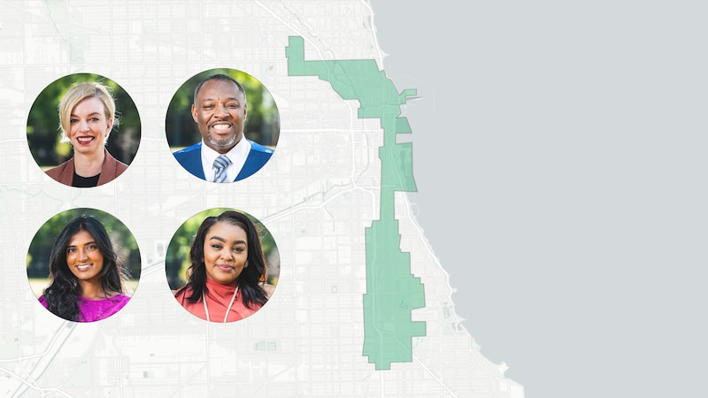 Four circular portraits on a green, white and grey map of Chicago's district 6.