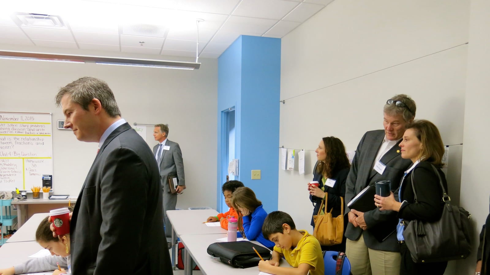 Sen. Jeff Yarbro observes a math class at Valor Voyager, one of the Valor Collegiate Academies on the same campus, with MNPS School Board member Mary Pierce and Councilman Russ Pulley looking on.