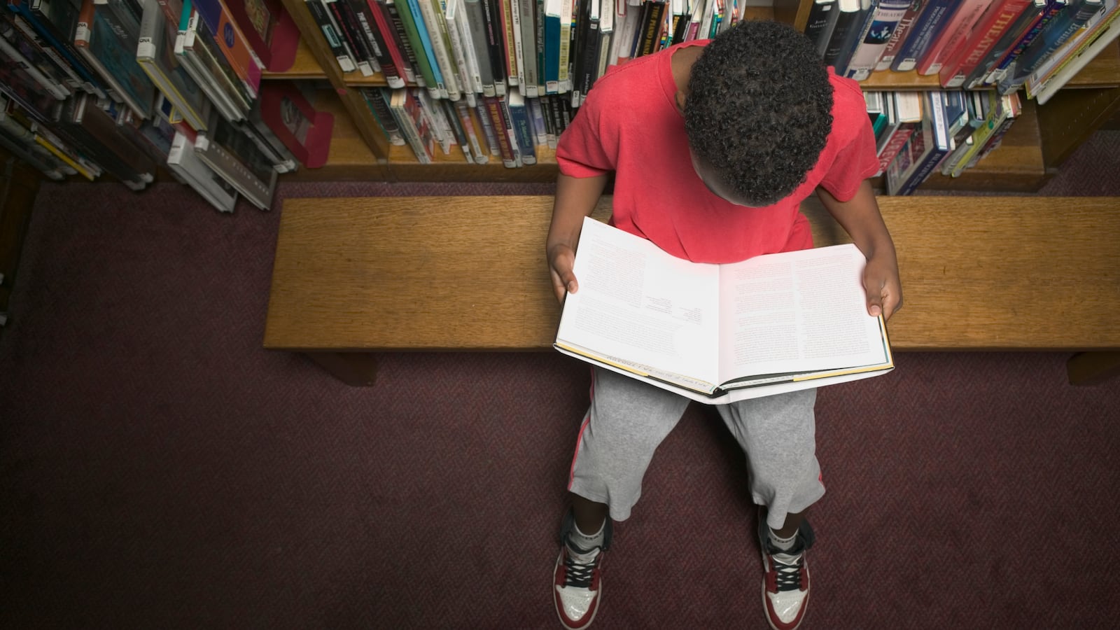 A boy in a red shirt holds an open book.