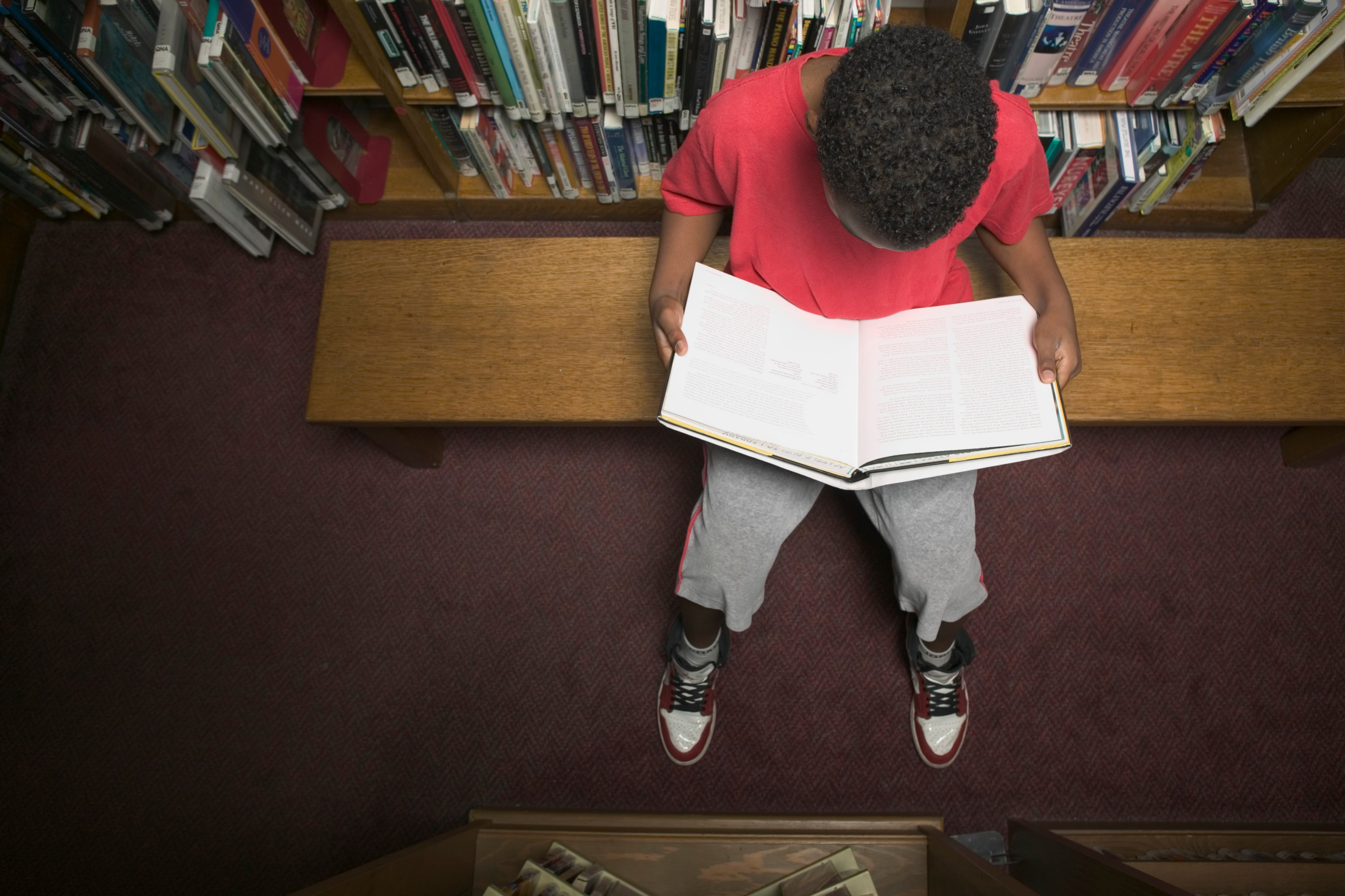 A boy in a red shirt holds an open book.