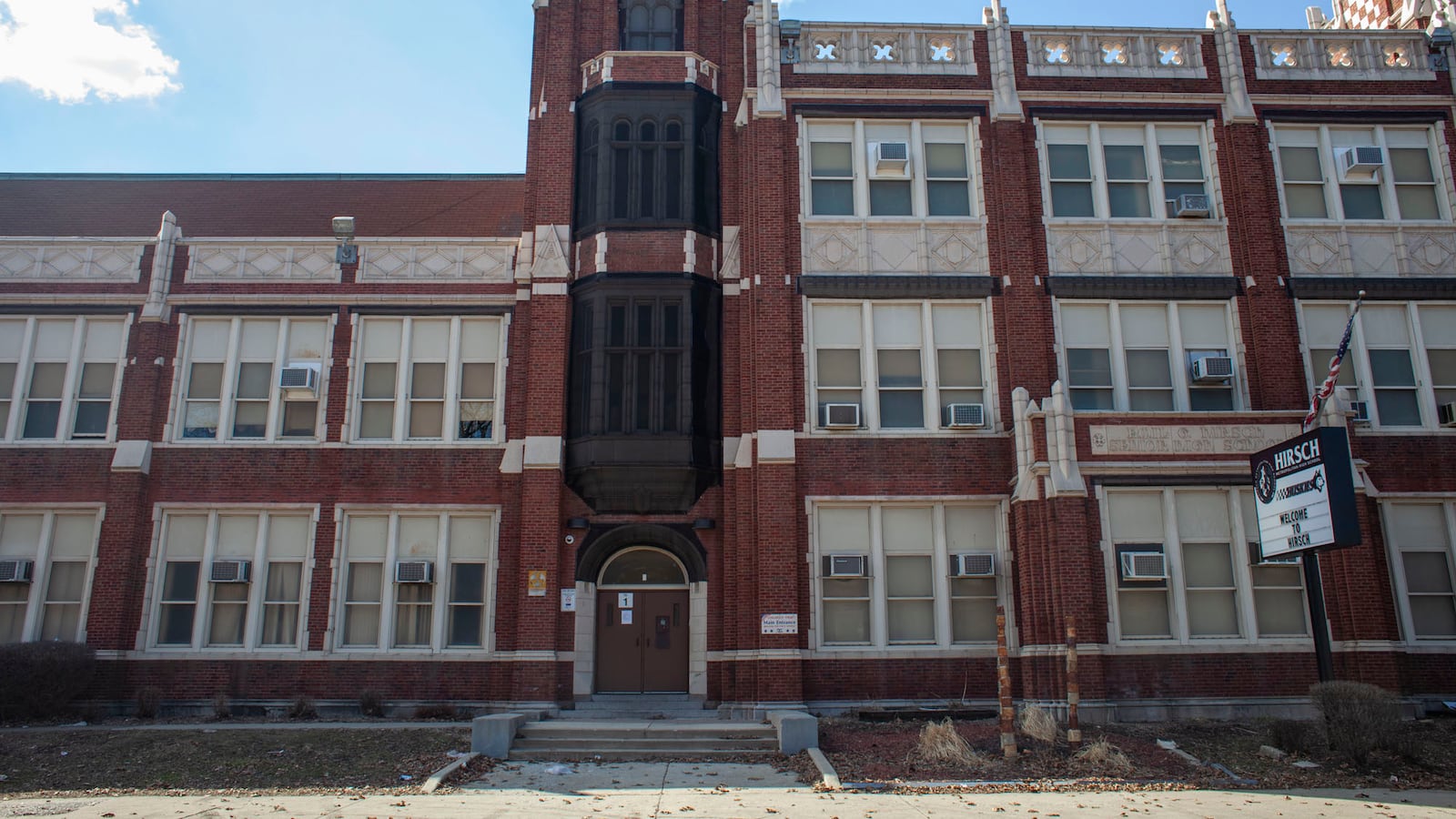 Exterior view of Emil G. Hirsch Metropolitan High School, a public 4–year high school located in the Greater Grand Crossing neighborhood on the south side of Chicago. Hirsch is an underenrolled high school and one of the recipients of the school district's "equity grants" for schools with low enrollment.
