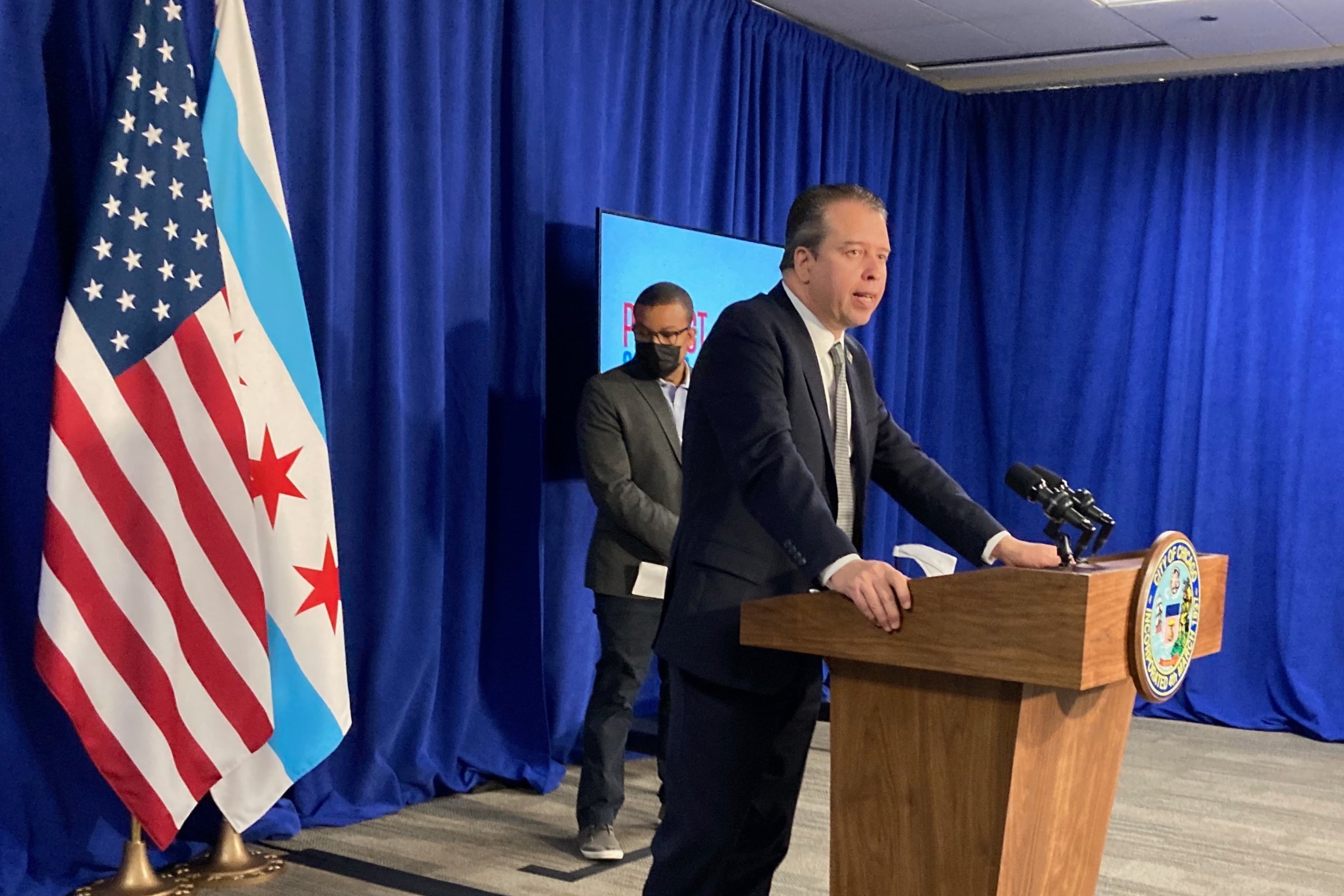 Speaking from a podium inside City Hall, Chicago schools chief Pedro Martinez promises more transparency about COVID-19 data on his second day on the job.