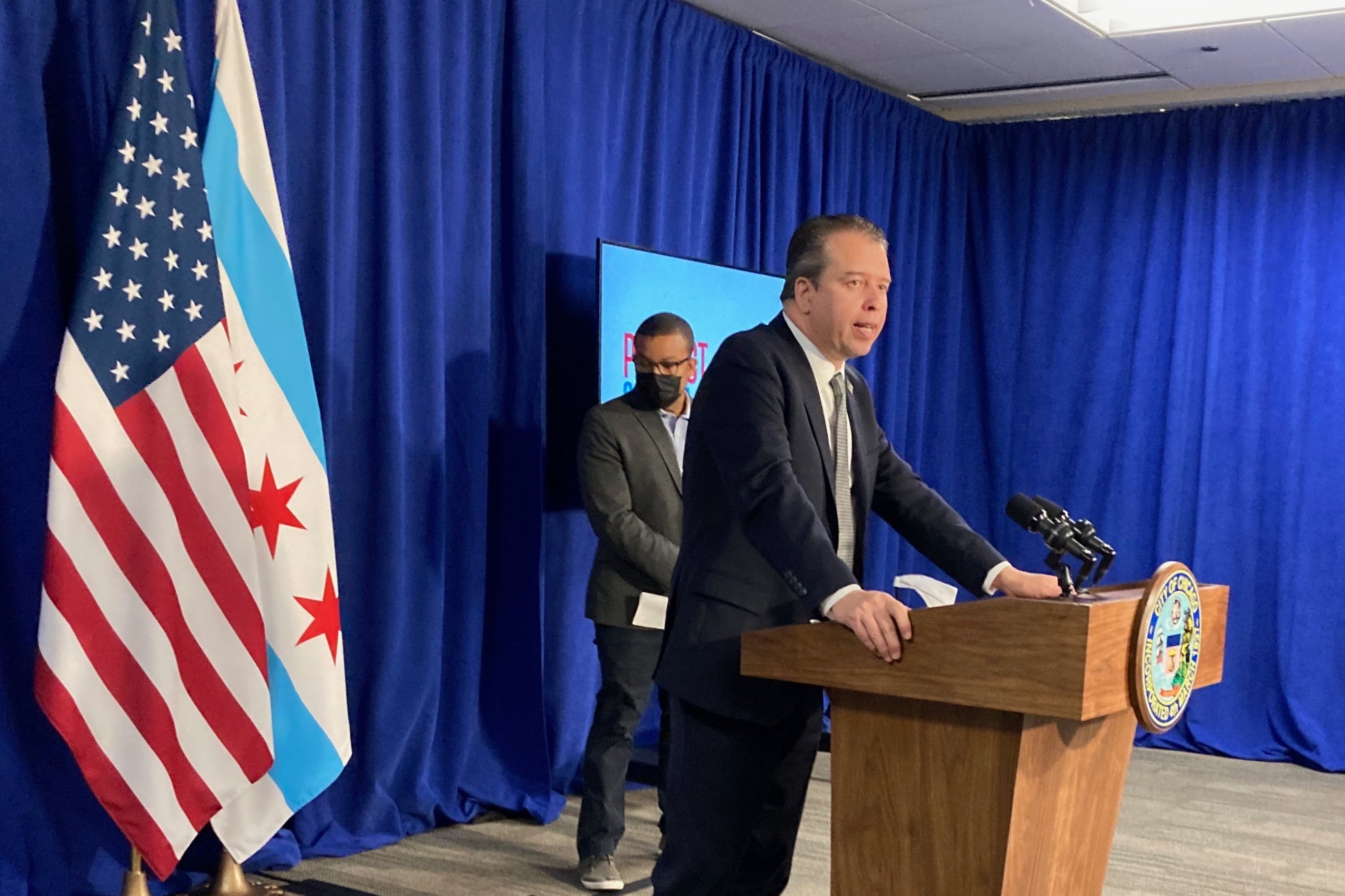 Speaking from a podium inside City Hall, Chicago schools chief Pedro Martinez promises more transparency about COVID-19 data on his second day on the job.