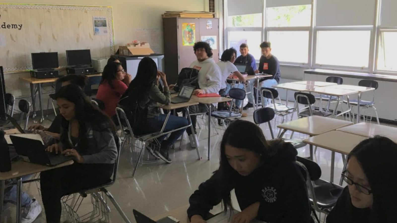 Students in a pre-law class at Chicago's Mather High fill out college applications on Sept. 19, 2018. The class is one of the school's career technical education offerings that it hopes will attract more students to enroll in the school.