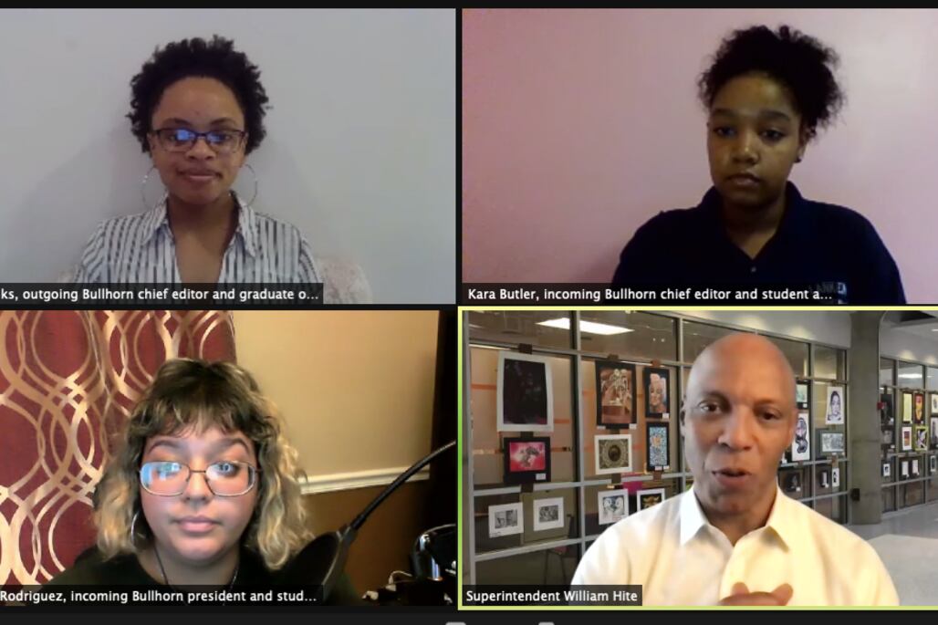 District students clockwise, Nia Weeks, Kara Butler, and Kaitlyn Rodriguez from The Bullhorn with Superintendent William Hite