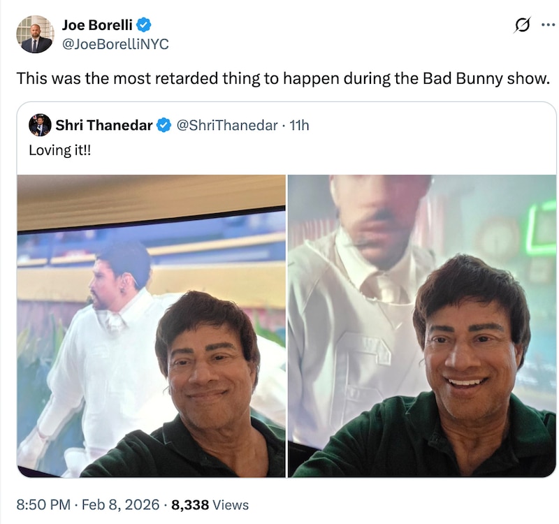 A screen grab of a tweet with a line that reads "This was the most retarded thing to happen during the Bad Bunny show." and then two images of a man standing in front of a TV screen showing Bad Bunny's Super Bowl half time show.
