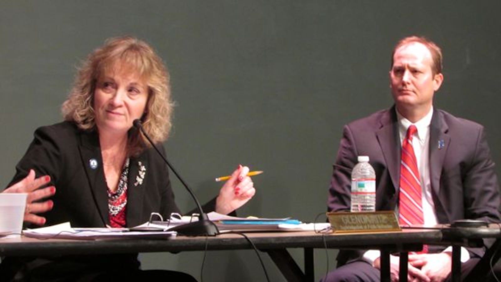 State Superintendent Glenda Ritz and board member Gordon Hendry at an Indiana State Board of Education meeting in February. (Scott Elliott)
