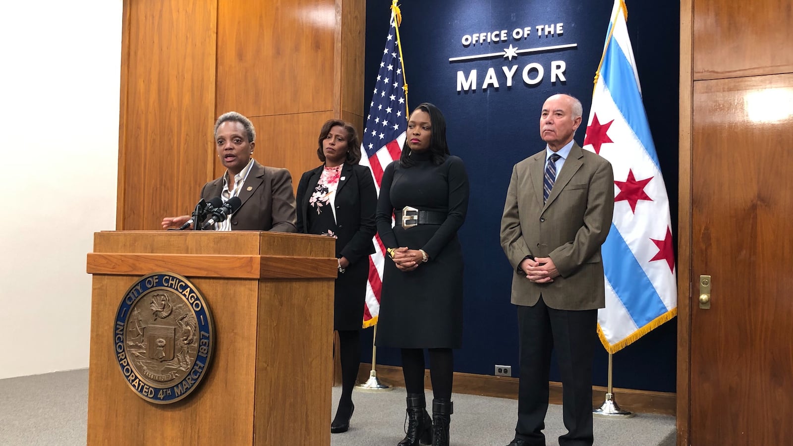 Chicago Mayor Lori Lightfoot, addressing reporters Oct. 16, 2019,  said she's tried to avert a threatened strike by teachers.