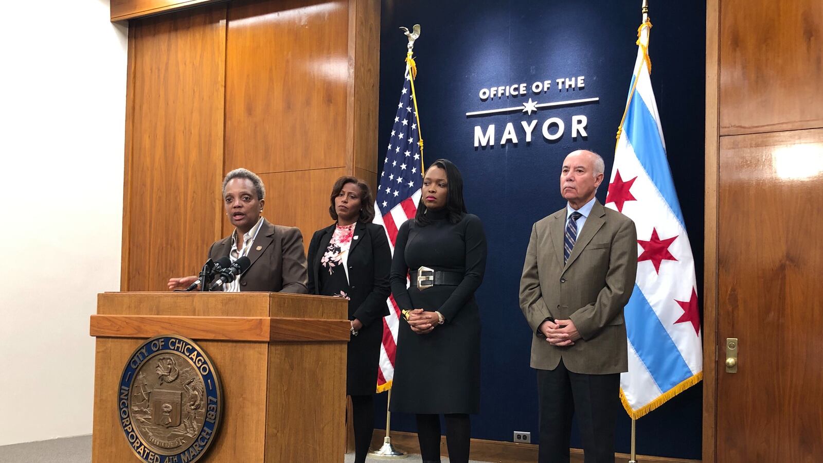 Chicago Mayor Lori Lightfoot, addressing reporters Oct. 16, 2019,  said she's tried to avert a threatened strike by teachers.