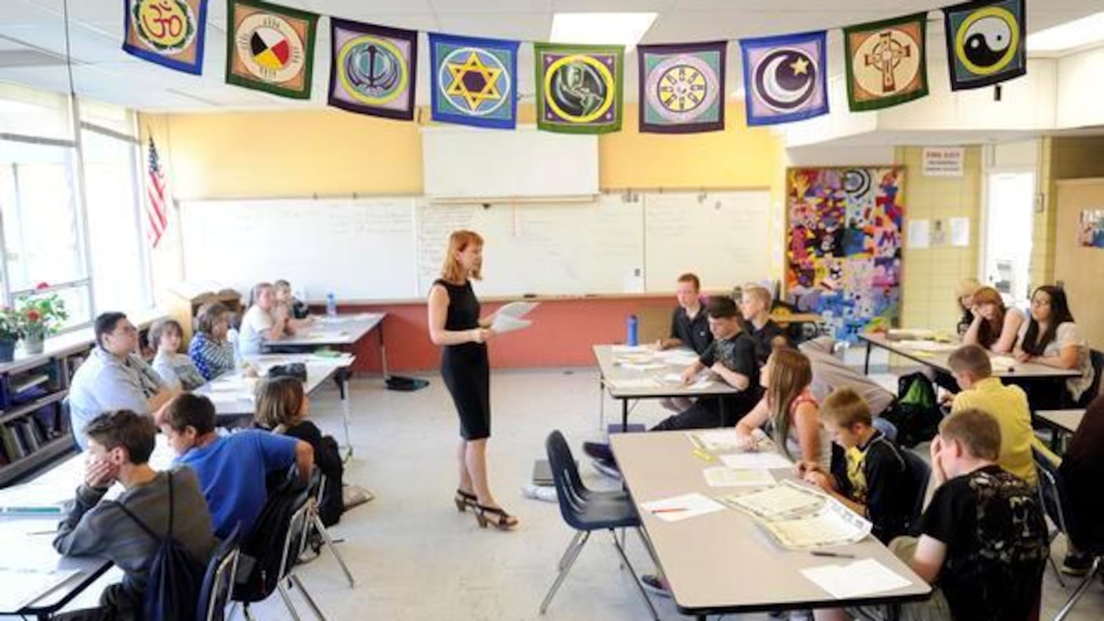 Eve Brady instructs her sixth-, seventh- and eighth-grade humanities students at Englewood Leadership Academy in a classroom at Englewood High School.
