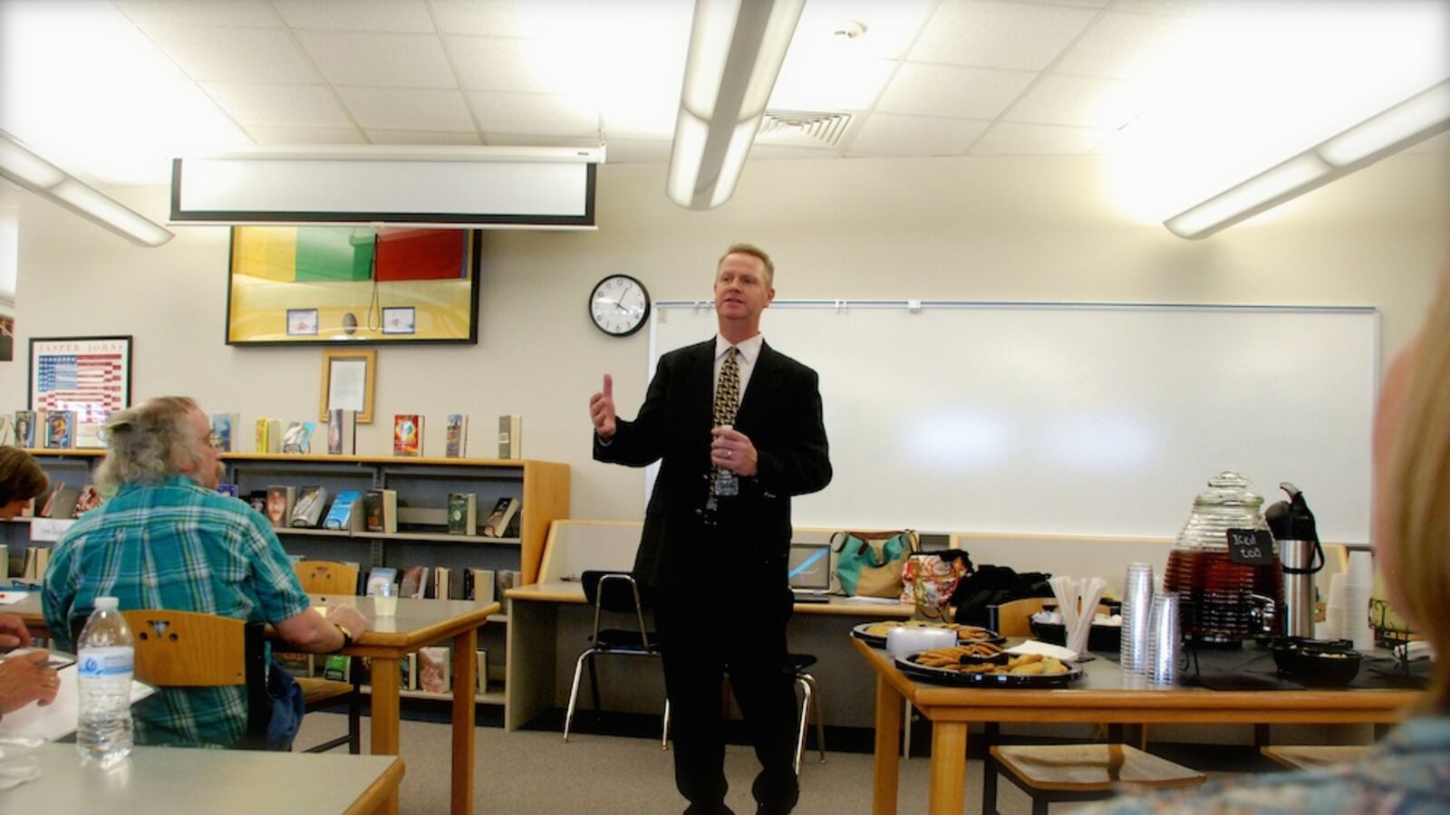 Dan McMinimee at a meeting with Jeffco parents, teachers, and community members after being named finalist for the Jeffco superintendent job.