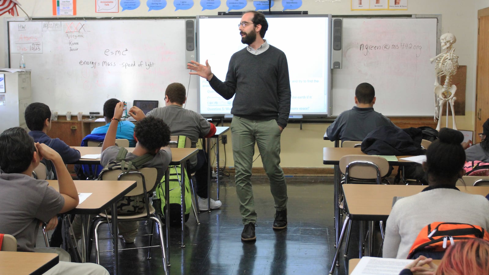 Jason James teaches his seventh-grade science class at the Carroll Gardens School for Innovation.
