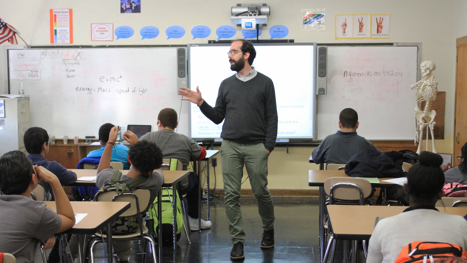 Jason James teaches his seventh-grade science class at the Carroll Gardens School for Innovation.