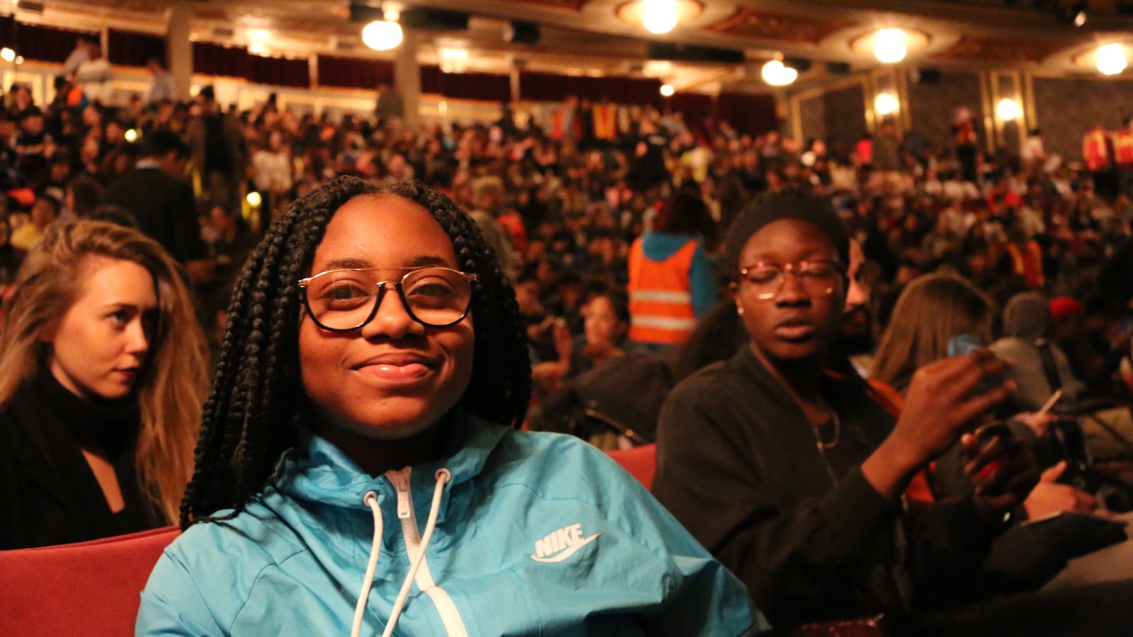 Oluwafunmilayo Famuyiwa, a high school junior from Jamaica Gateway to the Sciences, during intermission at "Hamilton."