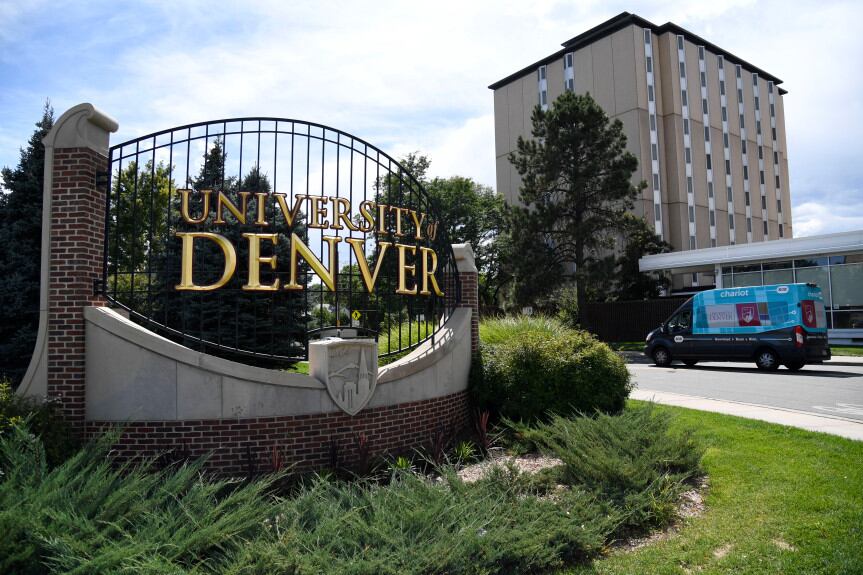 Sign depicts an entrance to the University of Denver campus.