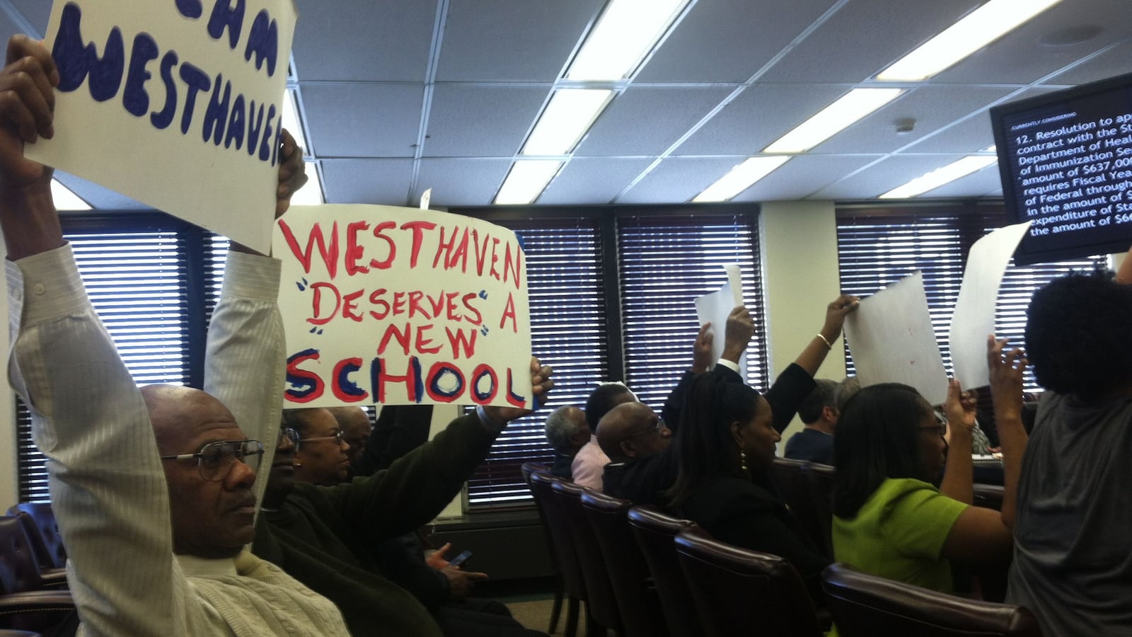 Supporters of Westhaven Elementary School at County Commission meeting.