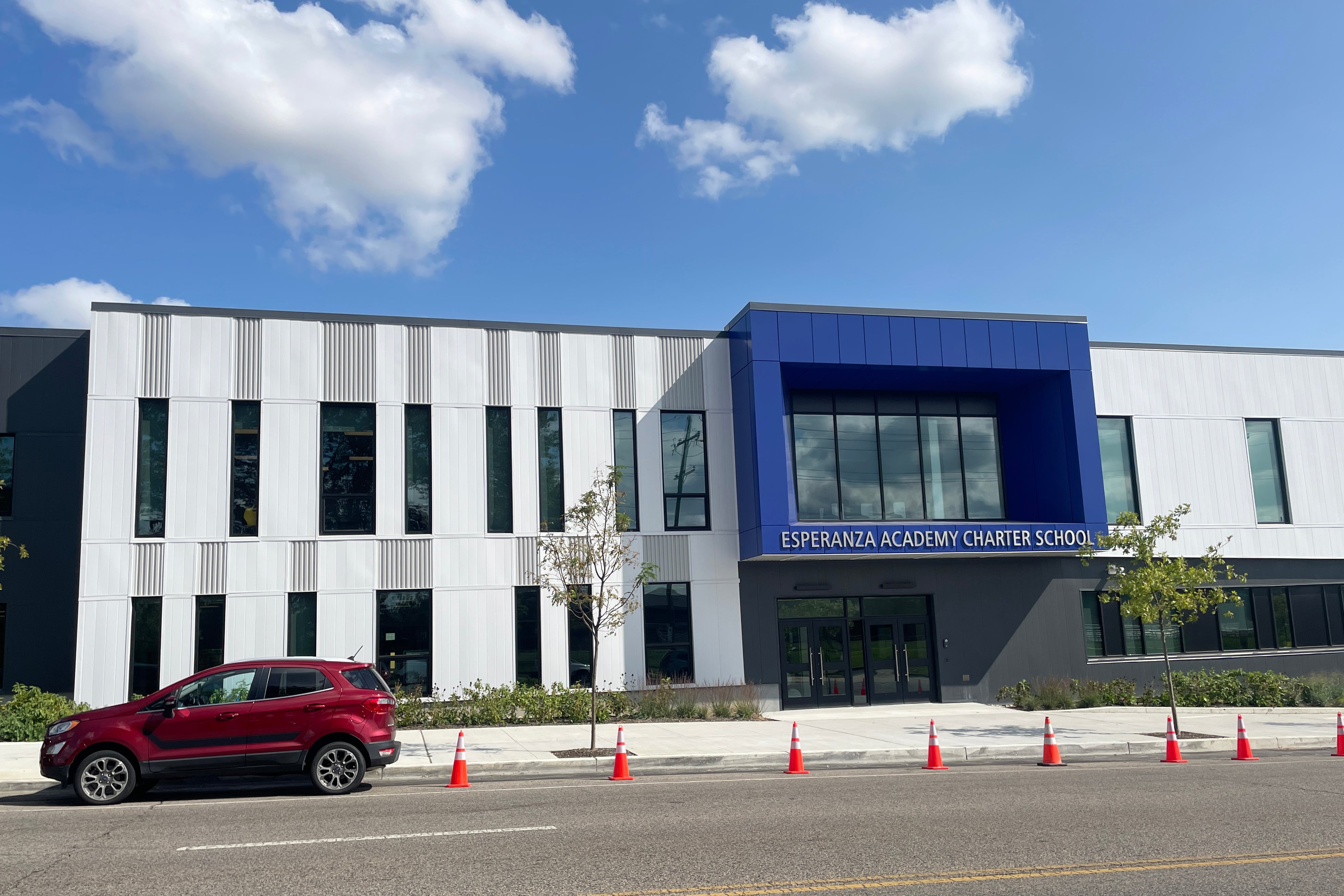 The white-and-blue exterior of a building.