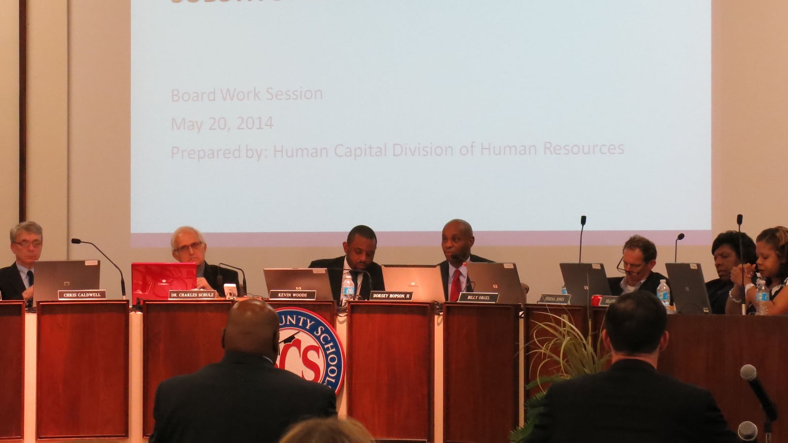 Shelby County School Board members listen to presentation to outsource hiring substitute teachers during Tuesday night's work session.
