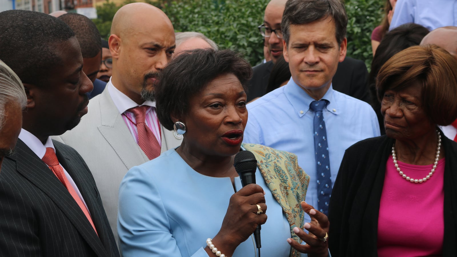 Senator Andrea Stewart-Cousins appeared at a rally in Harlem on Monday.