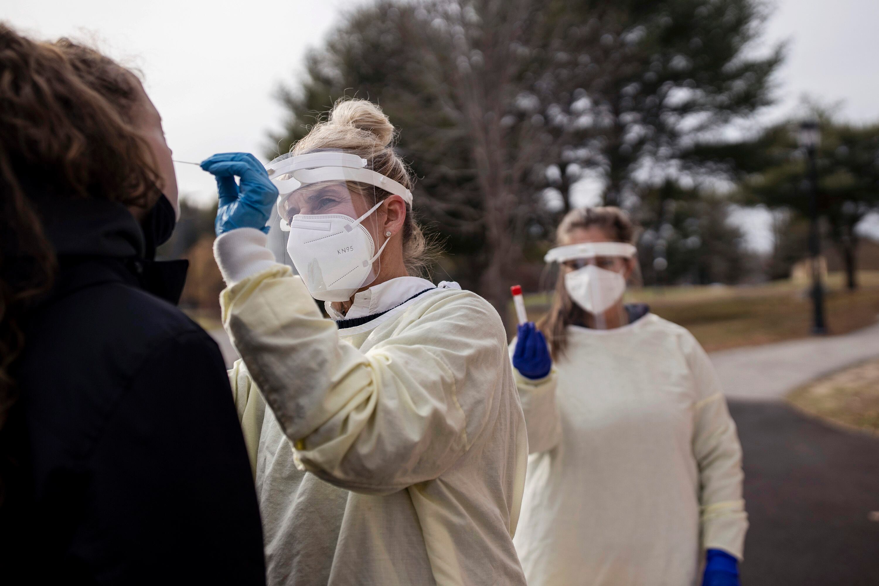 A college student is tested for COVID-19 in November 2020.
