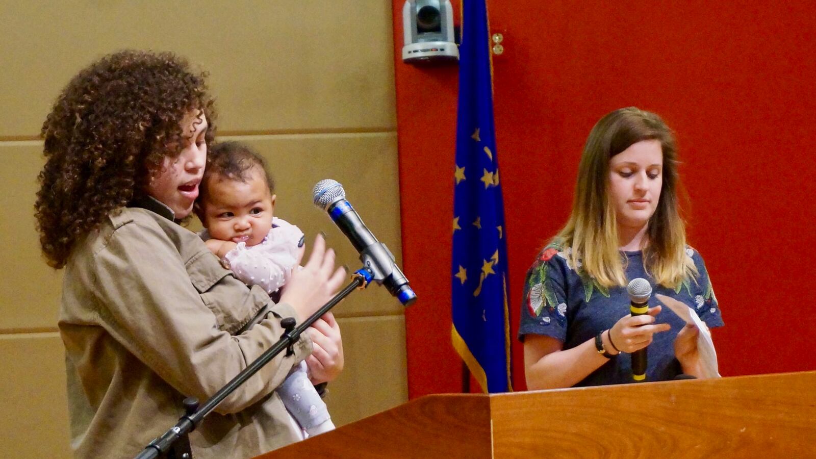 Sarah TeKolste, right, and Lori Jenkins at a Teacher Story Slam, in April.