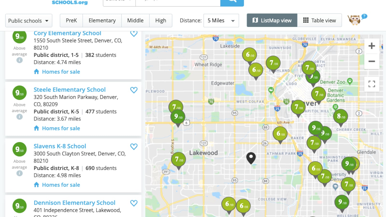 A screenshot from GreatSchools website, showing a search for schools with a Denver zip code.