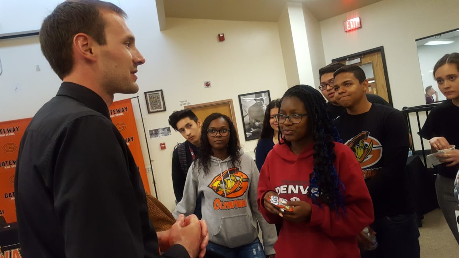 Marty Wittmer, a social studies and AVID teacher, talks to his students at Gateway High School in Aurora.