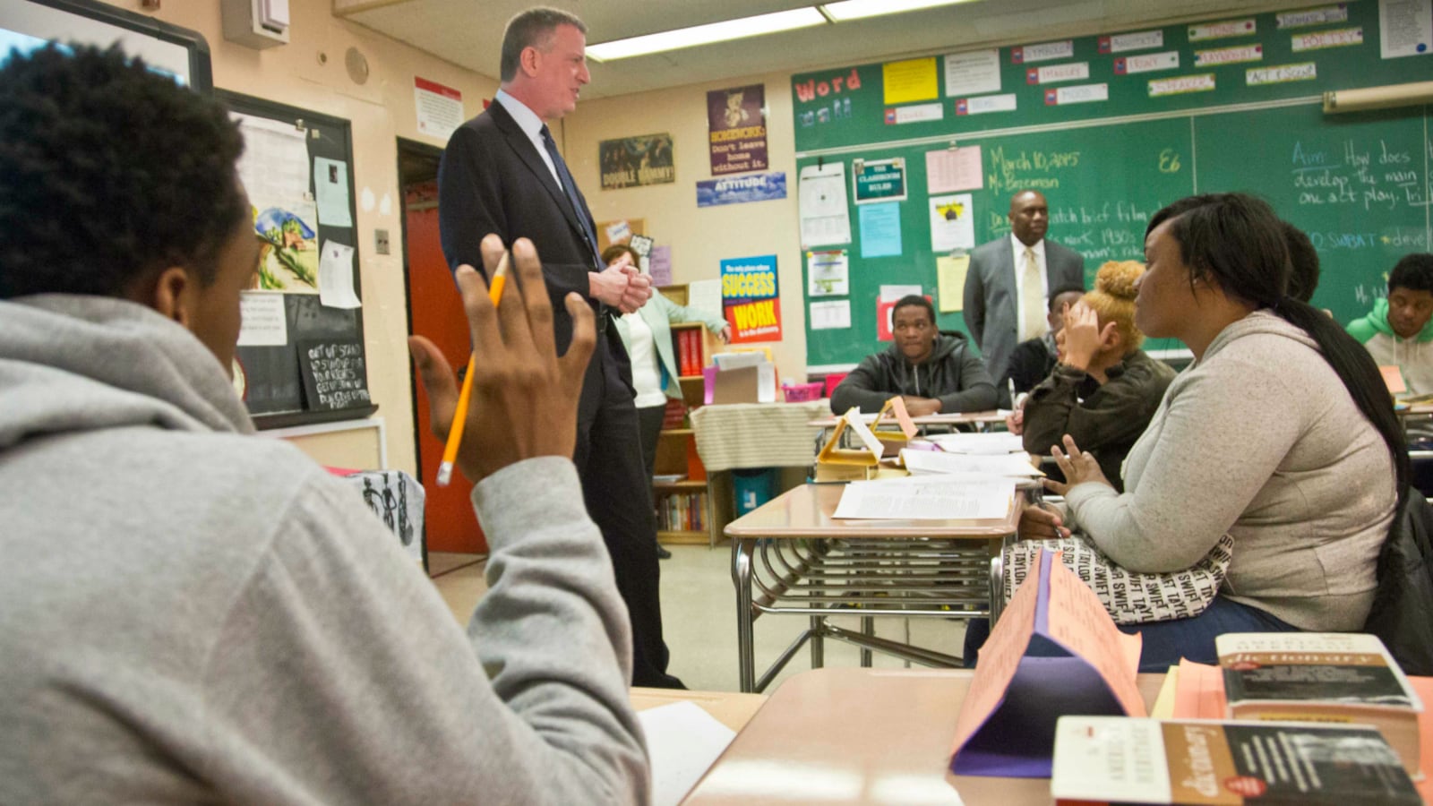 Mayor Bill de Blasio visited Boys and Girls High School in March 2015 and touted its progress under Wiltshire.