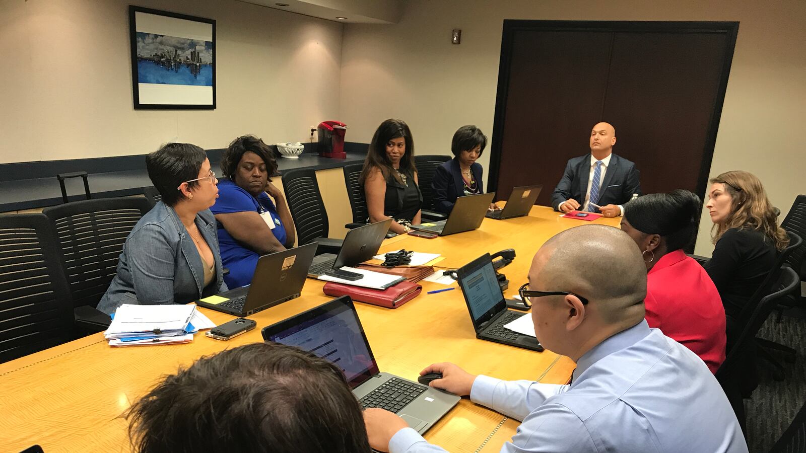 Detroit schools Superintendent Nikolai Vitti leads a meeting of advisers in a conference room adjacent to his office in Detroit’s Fisher Building in August 2017.